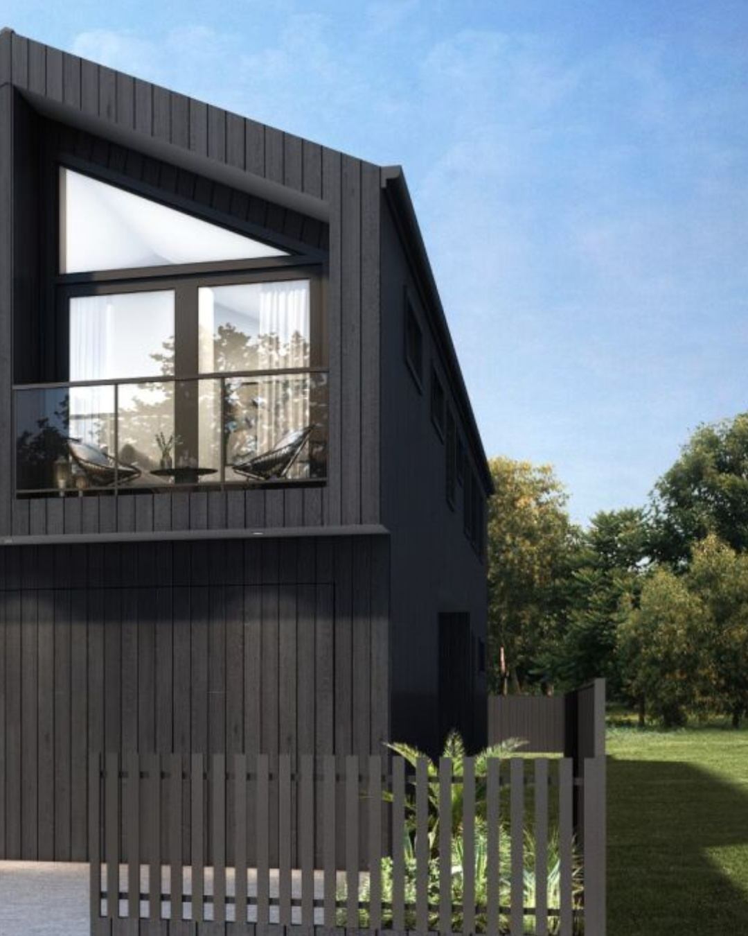 3D architectural render of a custom two-storey home with dark vertical cladding, upper-level glazing, and balcony, representing the design visualisation deliverable in the CKS Projects architectural drafting process