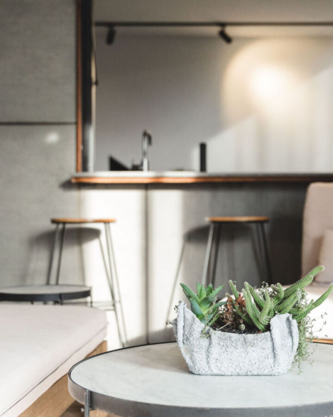 Sunlit residential interior with natural light casting shadows across concrete surfaces and a succulent plant on a window ledge, demonstrating the thermal comfort outcome of a well-designed BASIX-compliant home