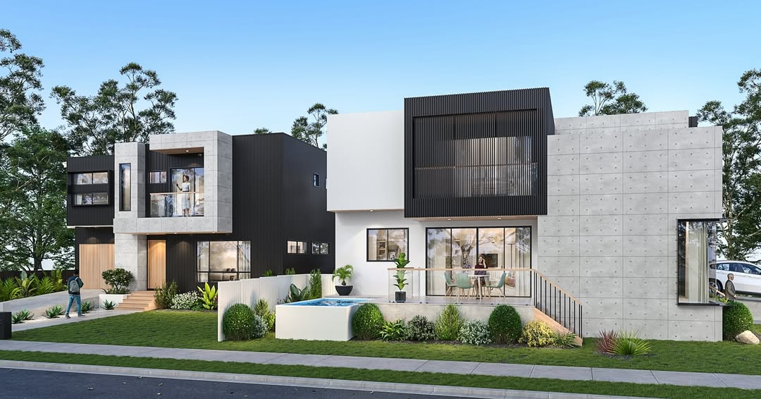 Architectural concept design render of a dual-occupancy development by CKS Projects in the Illawarra, showing two modern dwellings with concrete facade, black cladding, and landscaped frontage