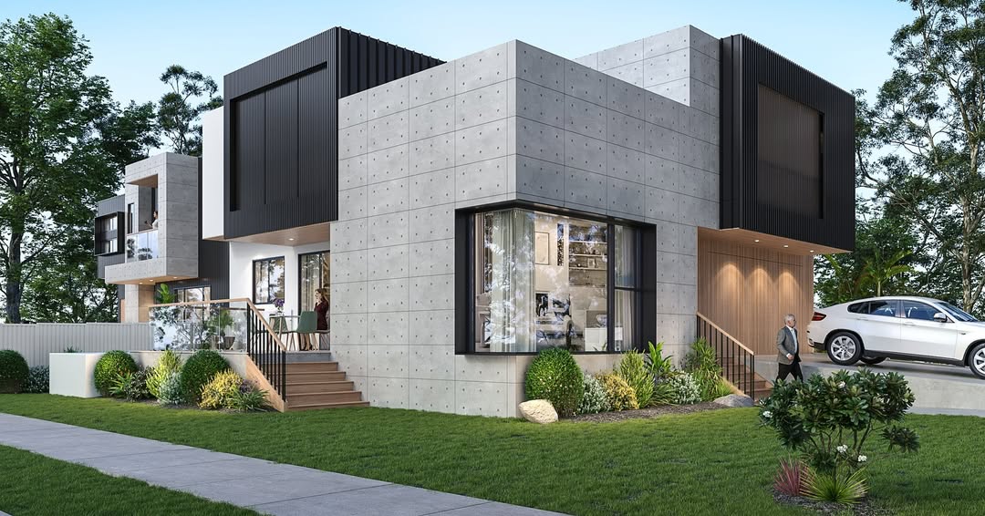 Side elevation concept design render showing a dual-occupancy development by CKS Projects in Wollongong, with two complementary modern dwellings and landscaped frontage