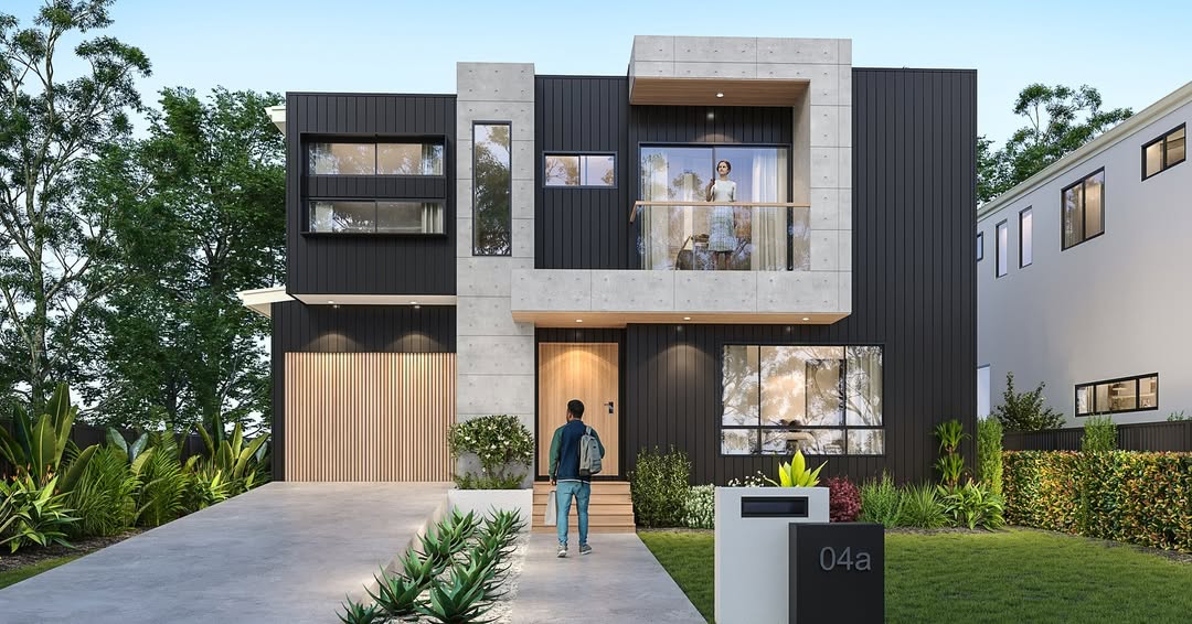 Architectural concept design render of a custom two-storey home with black vertical cladding and timber entry detail, designed by CKS Projects for a Wollongong site