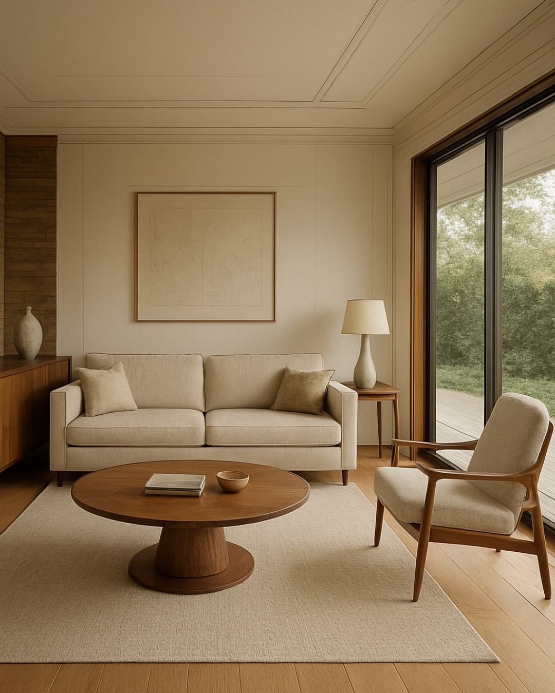 Warm, light-filled custom living room with Japandi-style furniture and garden outlook — the outcome of a build delivered without variation surprises