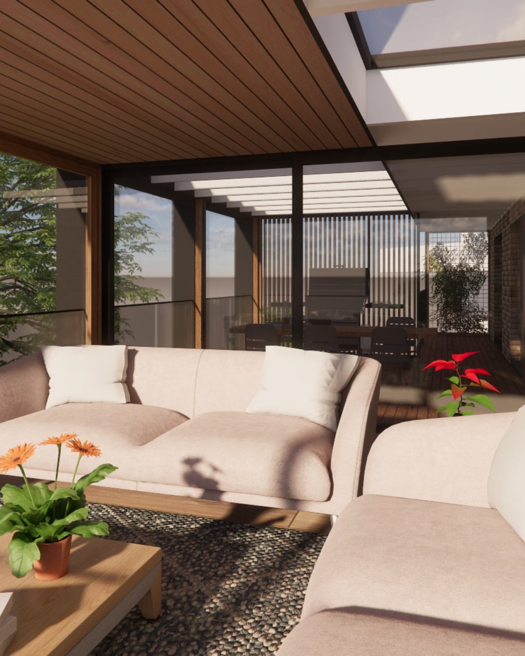 3D design render of a passive solar living space showing a clerestory skylight, full-height glazing, louvre shading screens, timber ceiling, and indoor-outdoor connection to a covered deck, illustrating the passive design principles integrated into every CKS Projects eco home