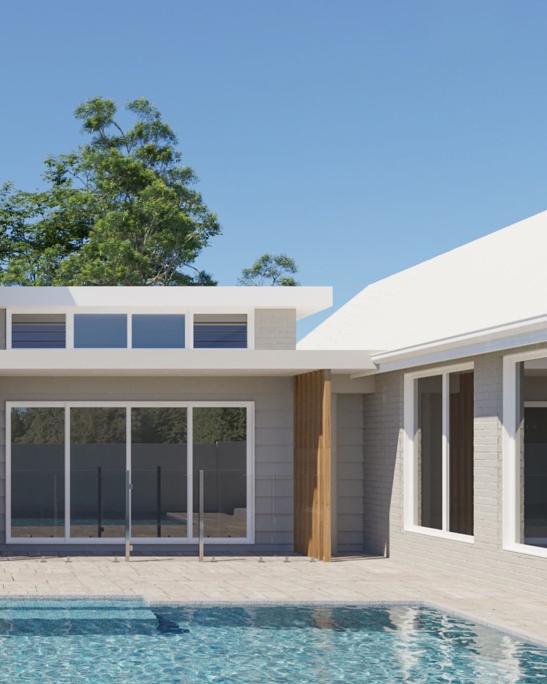 3D architectural render of a modern brick home with pool and landscaping, showing what a well-assessed block can achieve