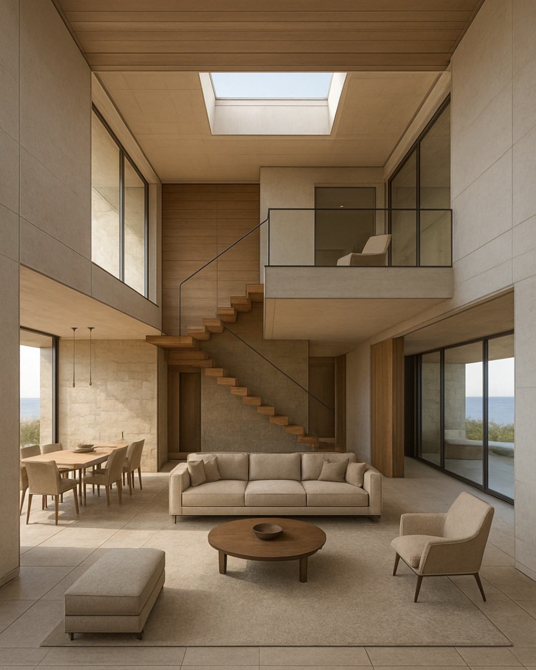Aspirational double-height coastal interior with timber staircase, ocean view, and skylights — showing the outcome of a well-assessed and designed build