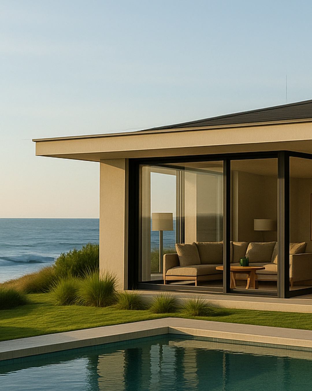 Coastal custom home with a pool and ocean views at golden hour, showing the aspirational outcome that clear Pre-DA planning and builder-led design direction make possible on South Coast NSW properties