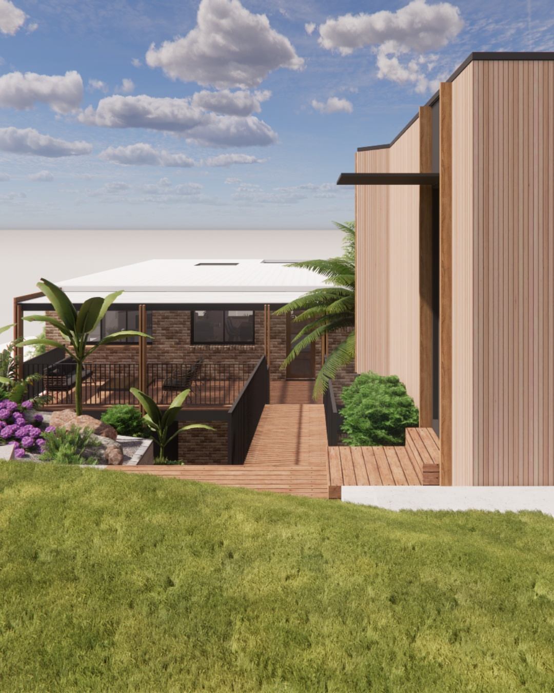 3D architectural render showing a home on a sloping site with timber cladding and terraced retaining